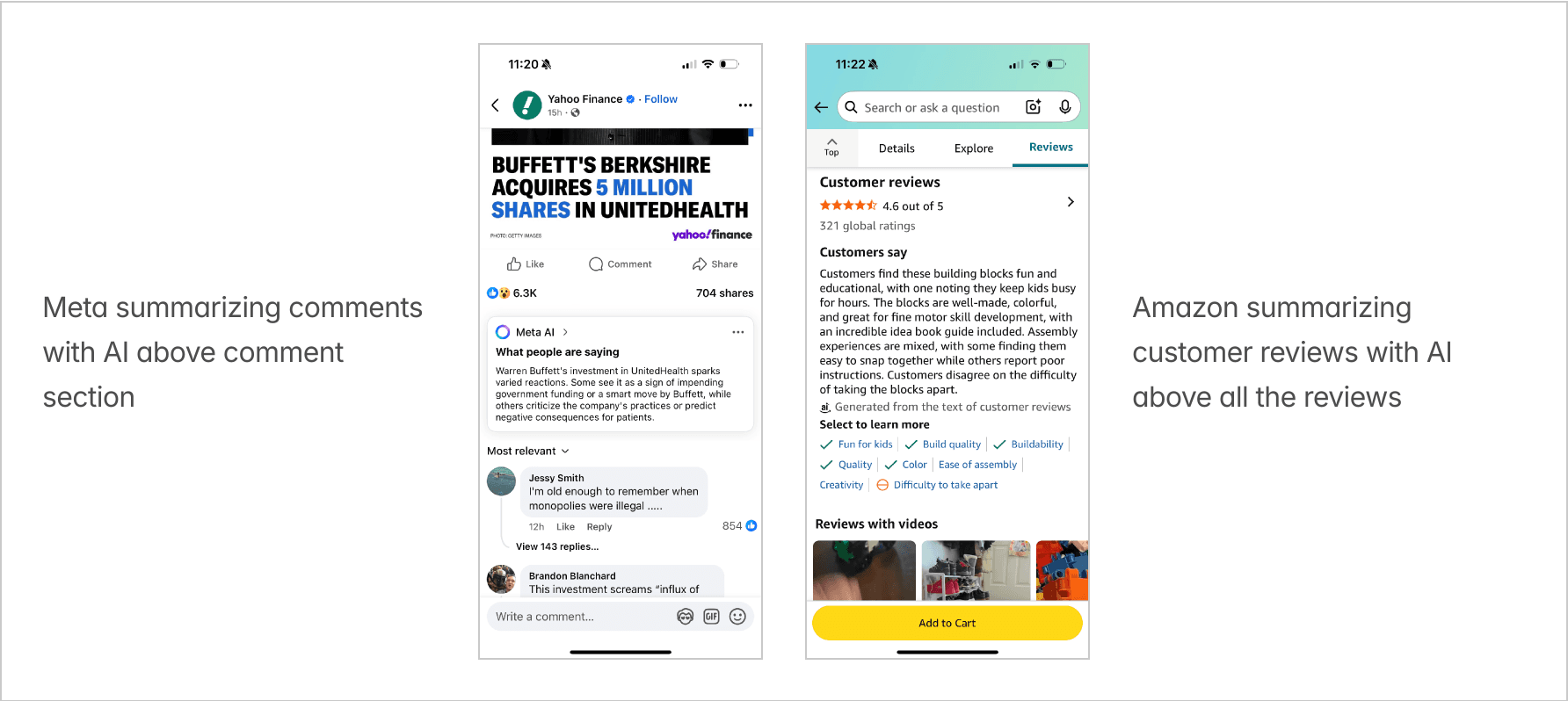 Meta and Amazon examples showing AI summaries above comments and reviews