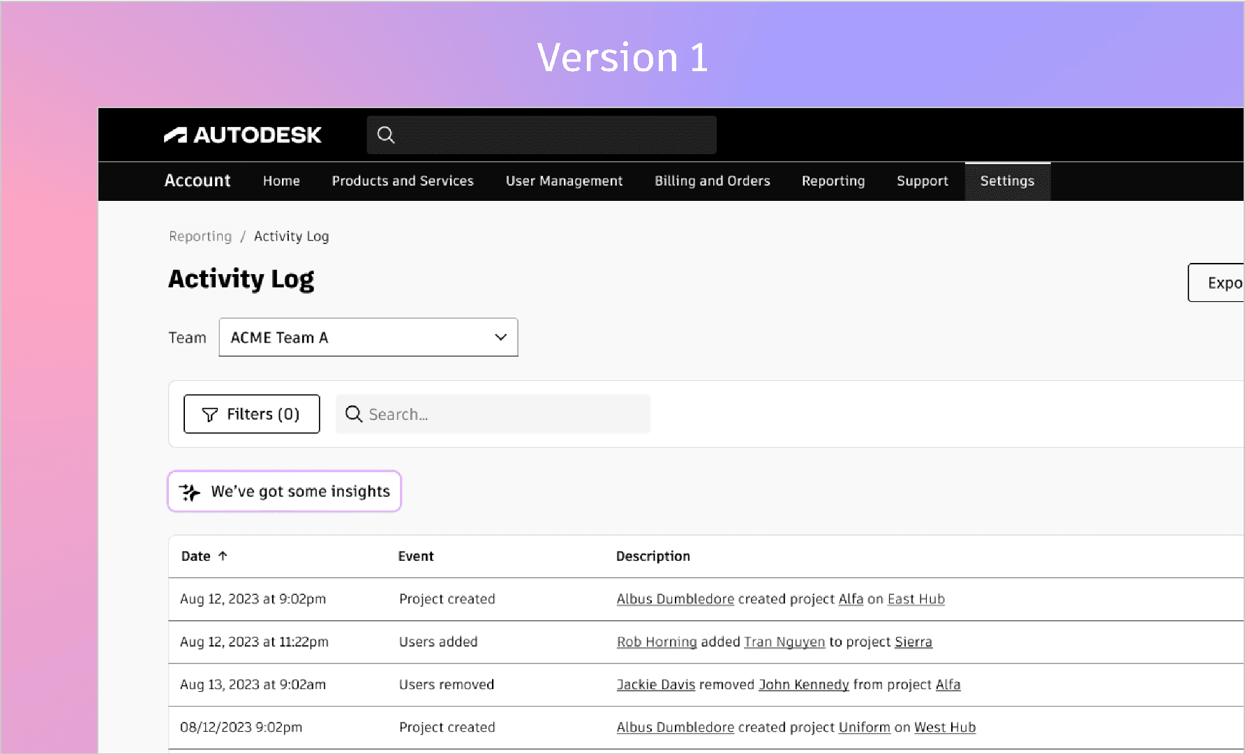 Version 1 Activity Log prototype with a small insights button above the log table