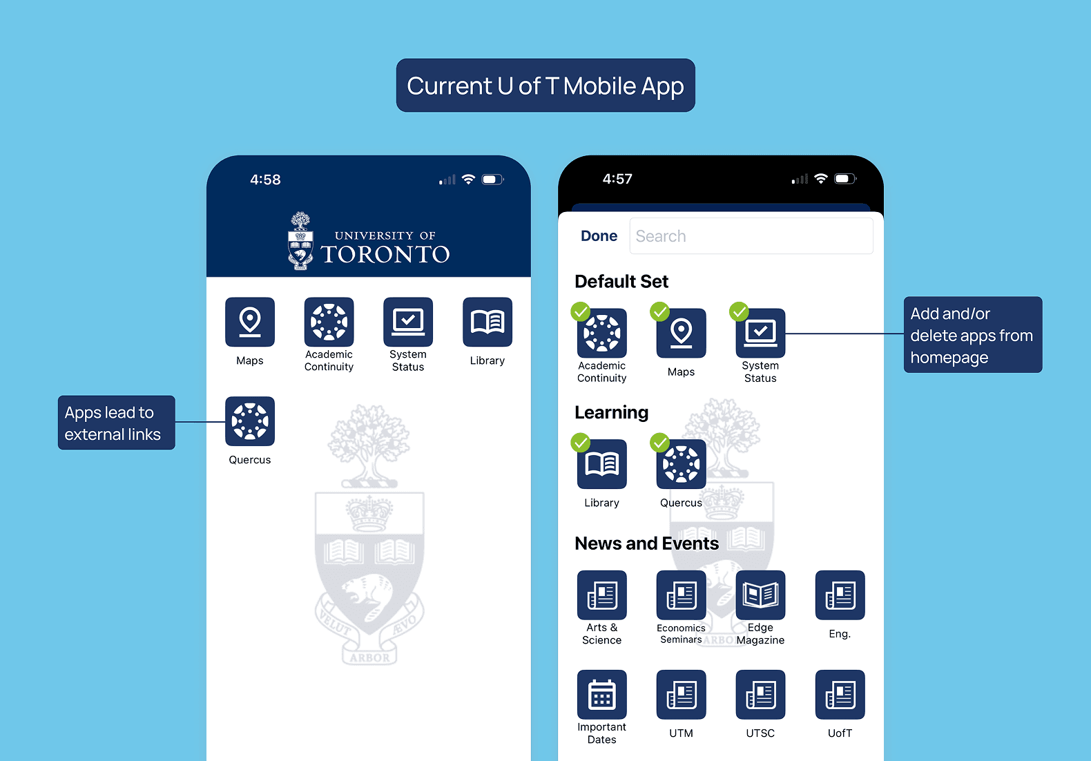 Audit of the current U of T Mobile App showing a link-heavy home experience.