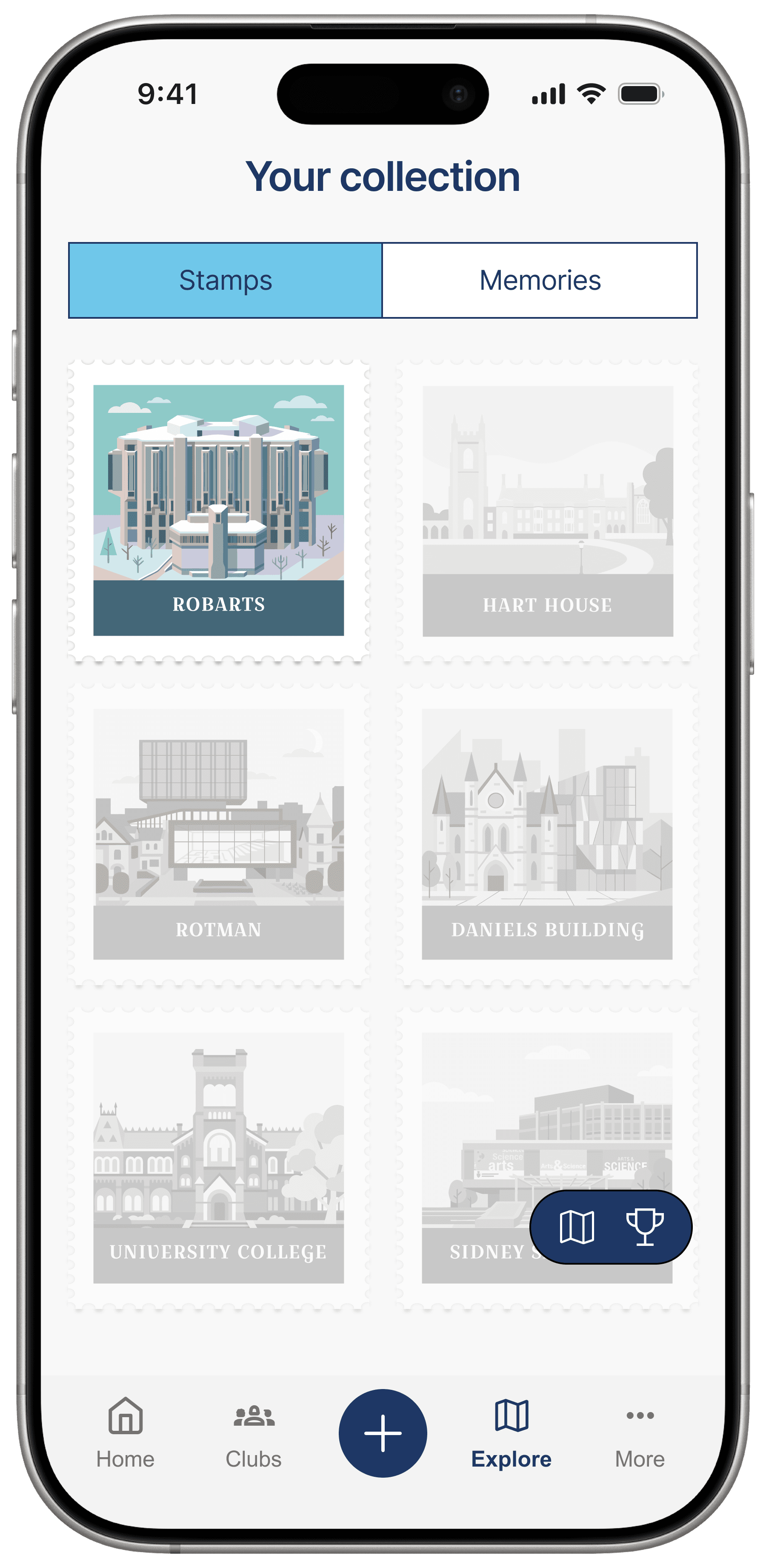 Stamp collection screen showing unlocked and locked campus landmark stamps.