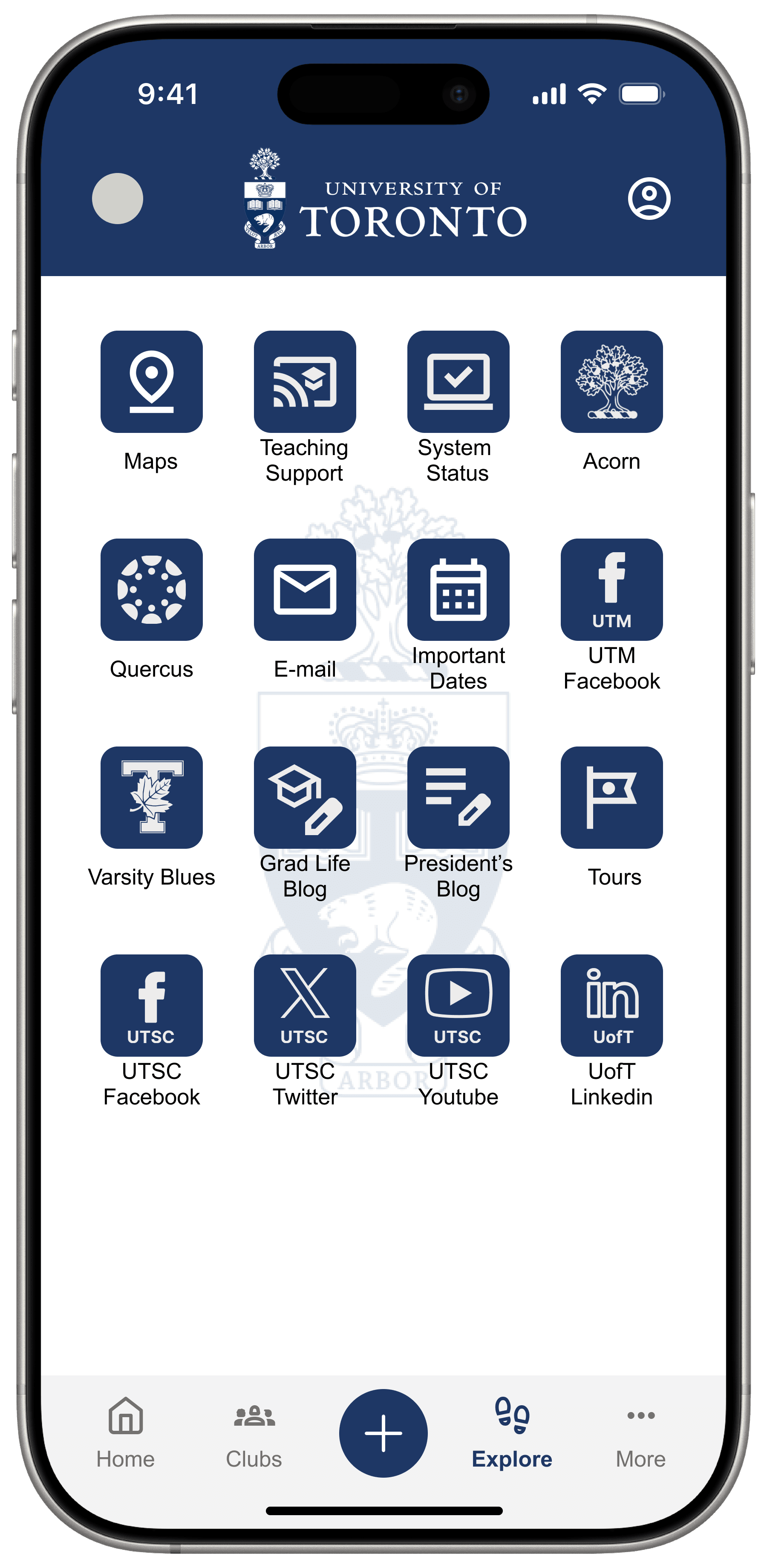 Current U of T Mobile App home screen with a grid of external tools and links.