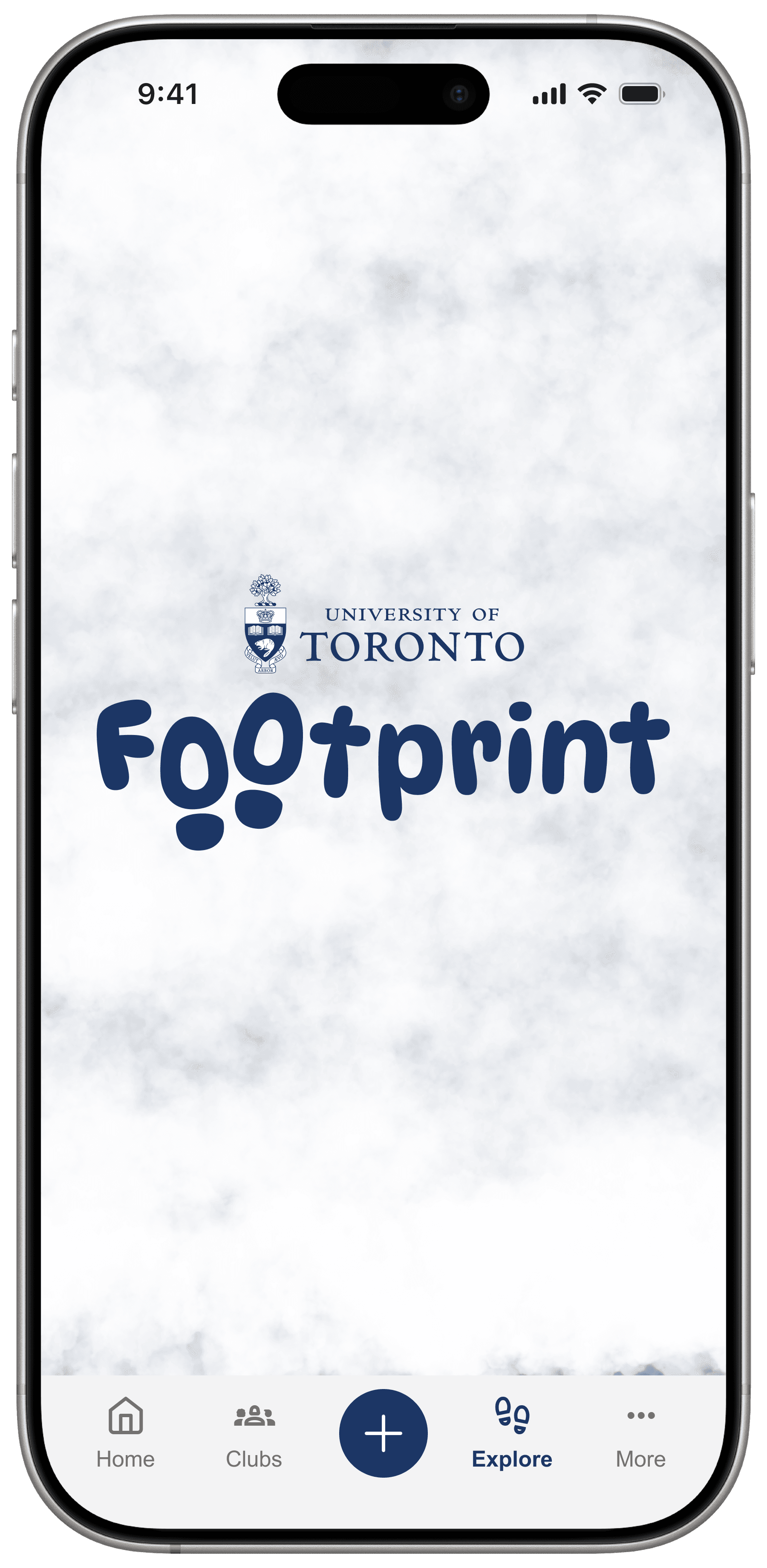 U of T Footprint entry screen with the Footprint wordmark over fog.