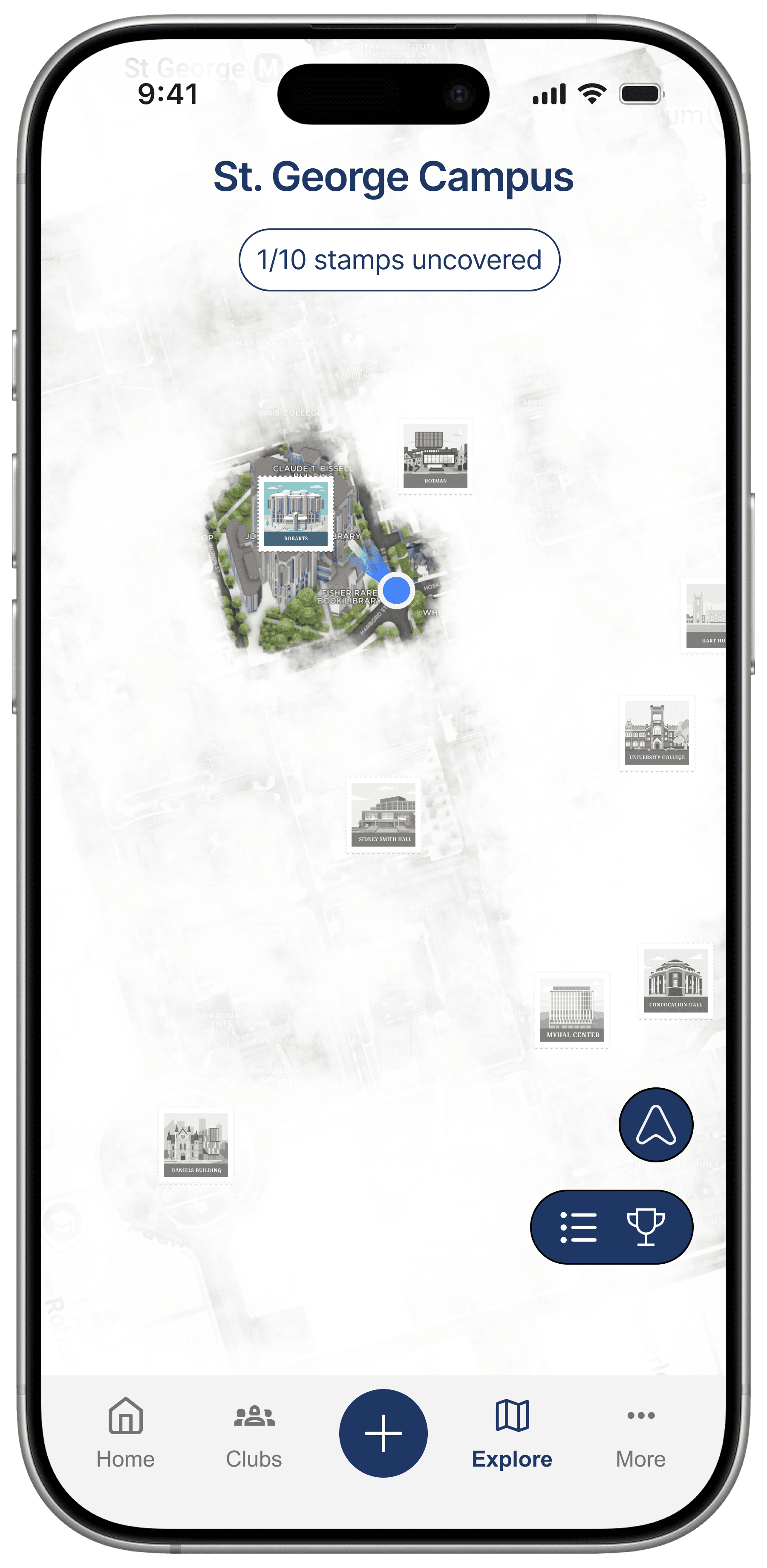 St. George Campus map with fog, a user location indicator, stamps, and 1 out of 10 stamps uncovered.
