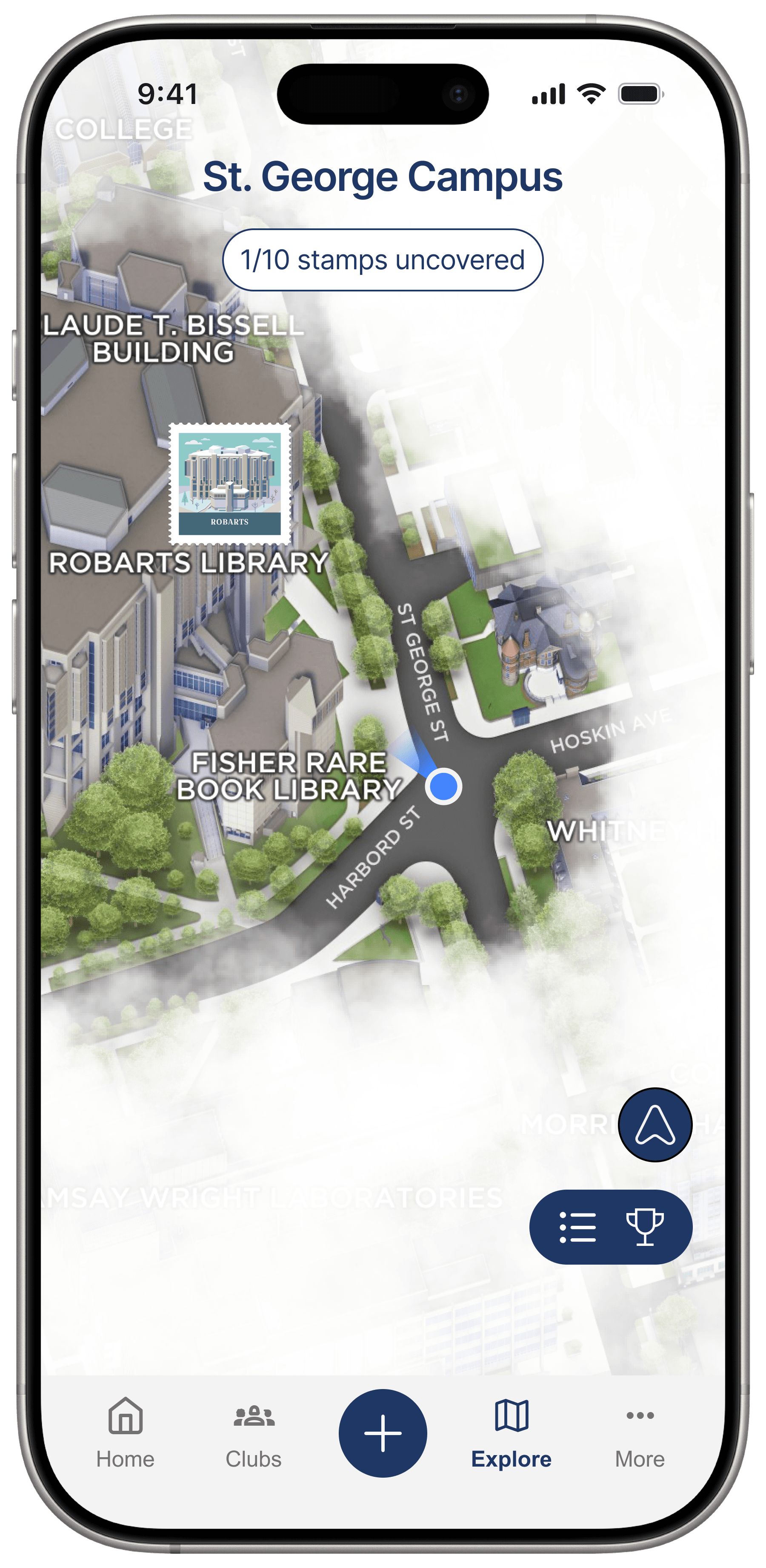 Zoomed-in St. George map showing Robarts Library revealed through fog.