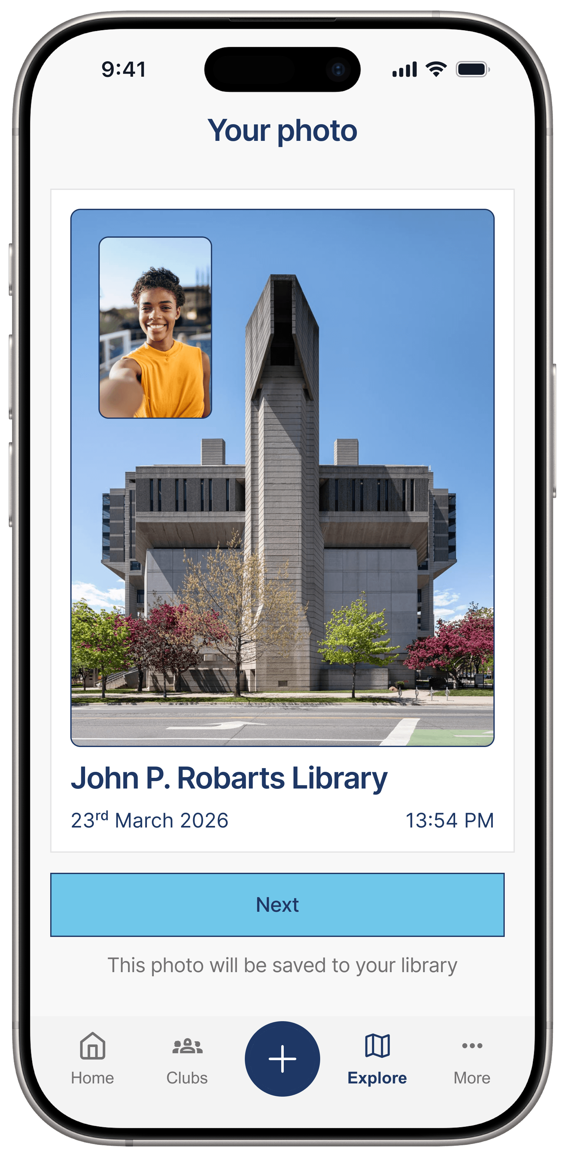 Photo confirmation screen showing a saved memory at John P. Robarts Library.