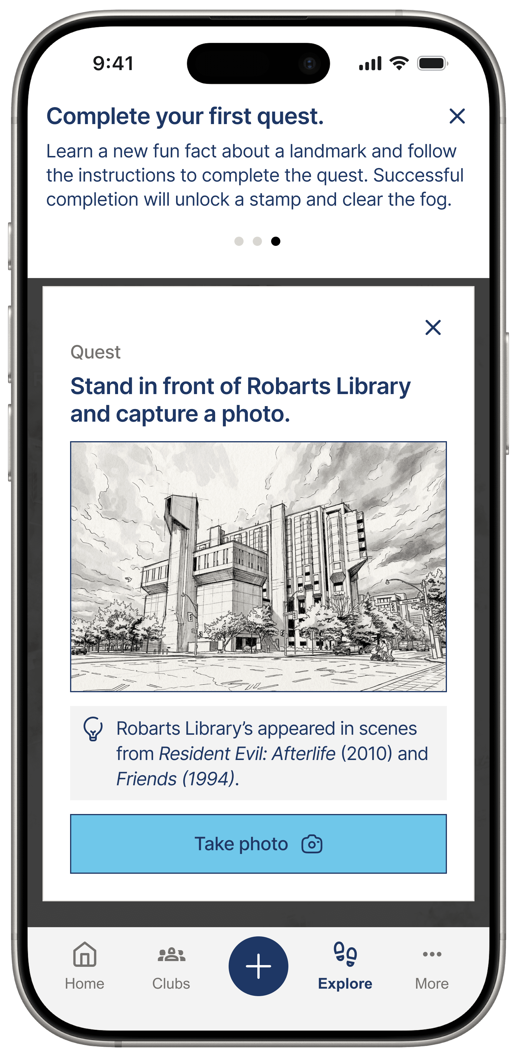 Quest detail screen asking the student to stand in front of Robarts Library and capture a photo.