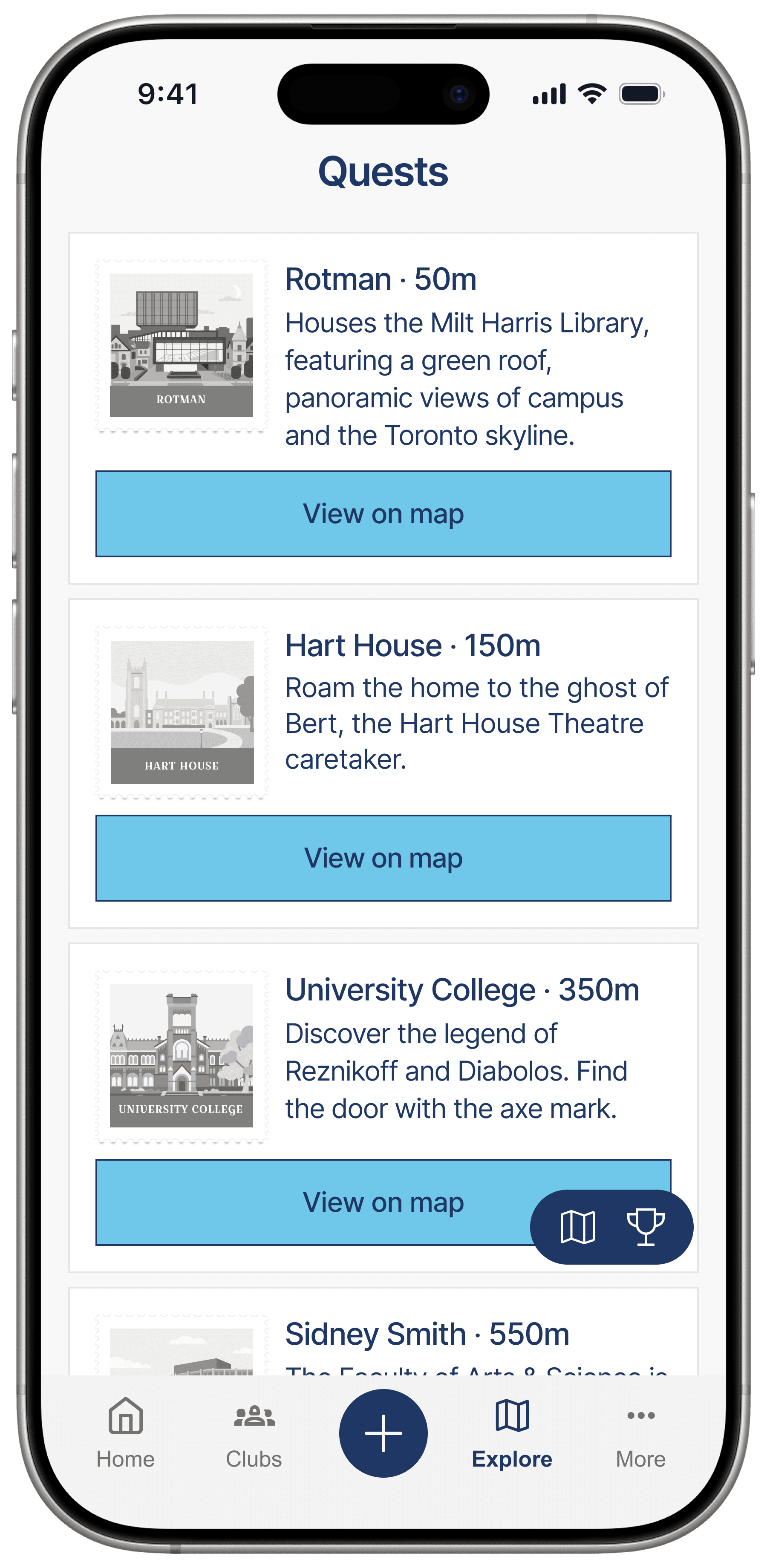 Quest list showing nearby landmark quests with distance and view on map actions.