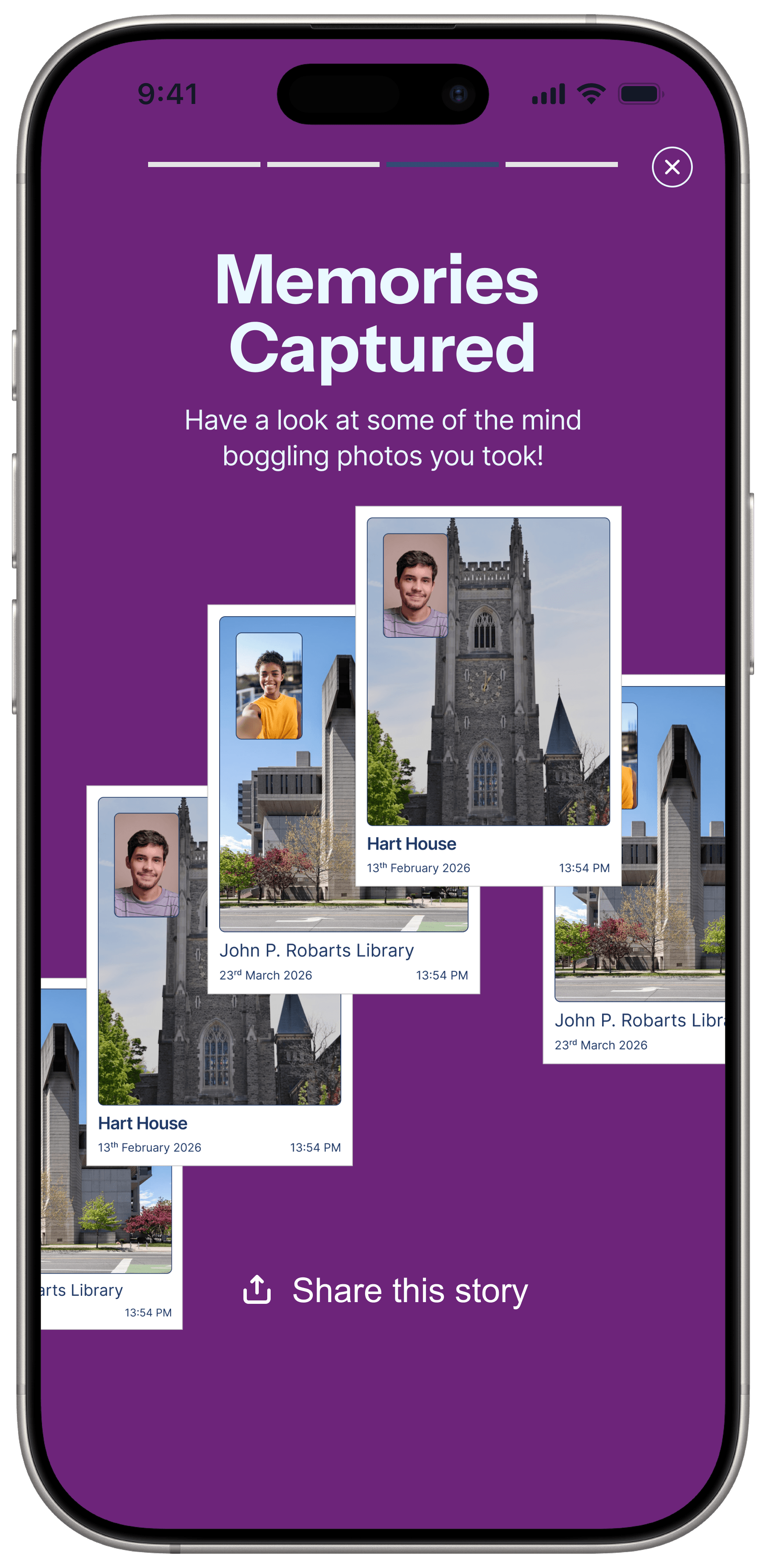 Recap screen showing memories captured with saved campus photos.