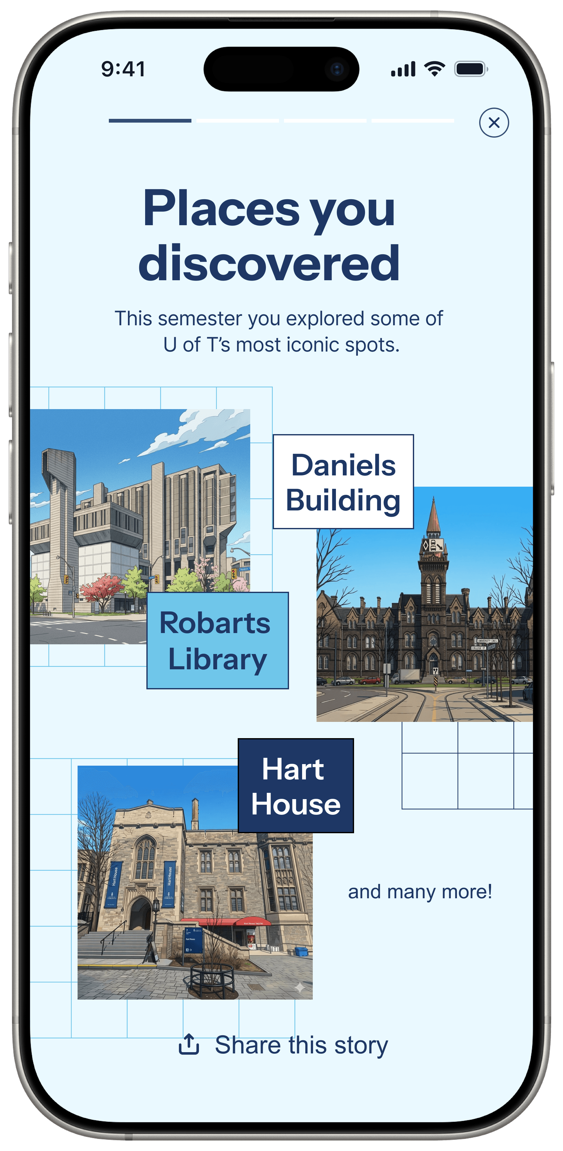 Recap screen showing places discovered this semester.