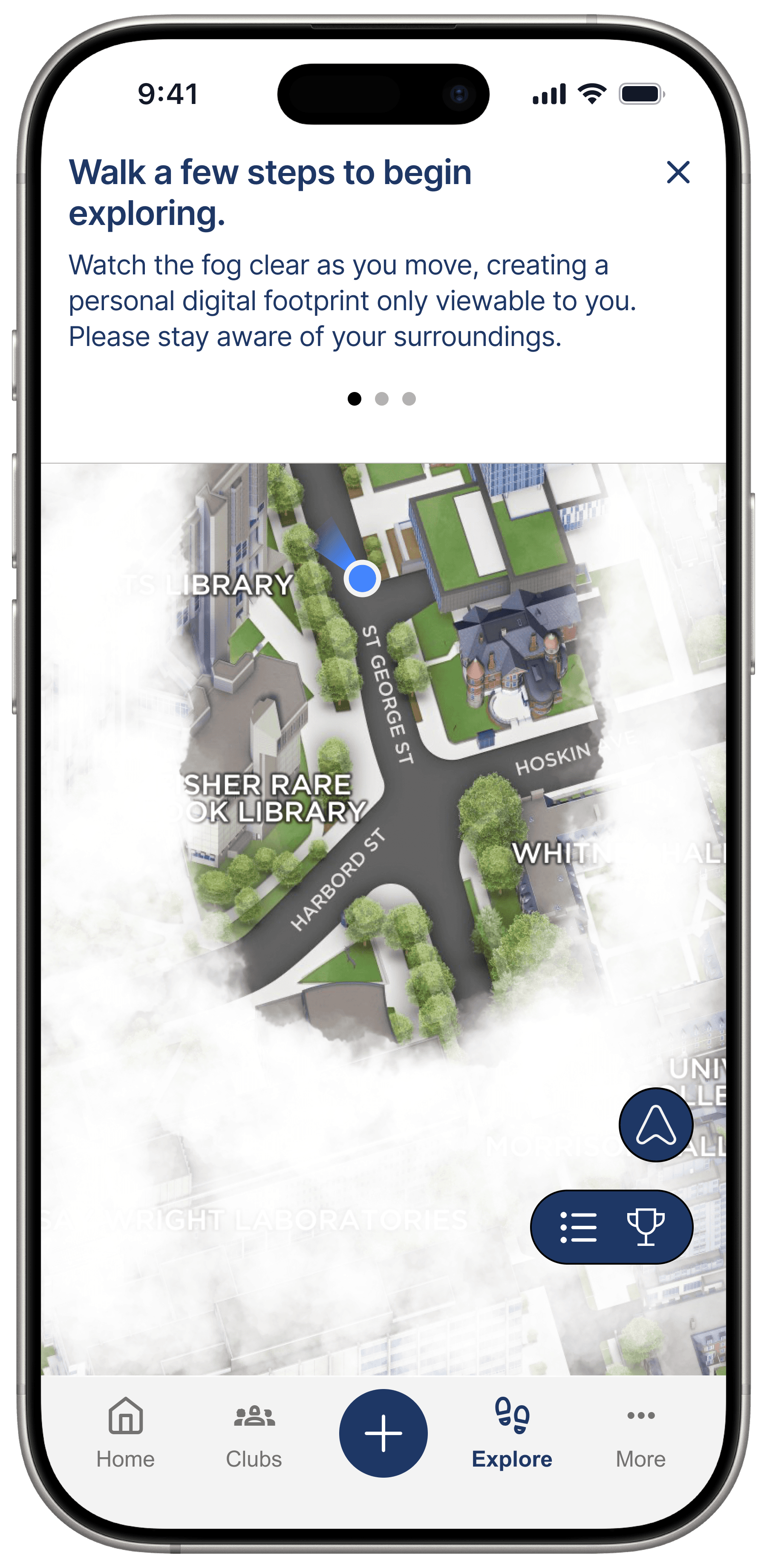 Tutorial screen explaining that walking clears fog and creates a personal digital footprint.