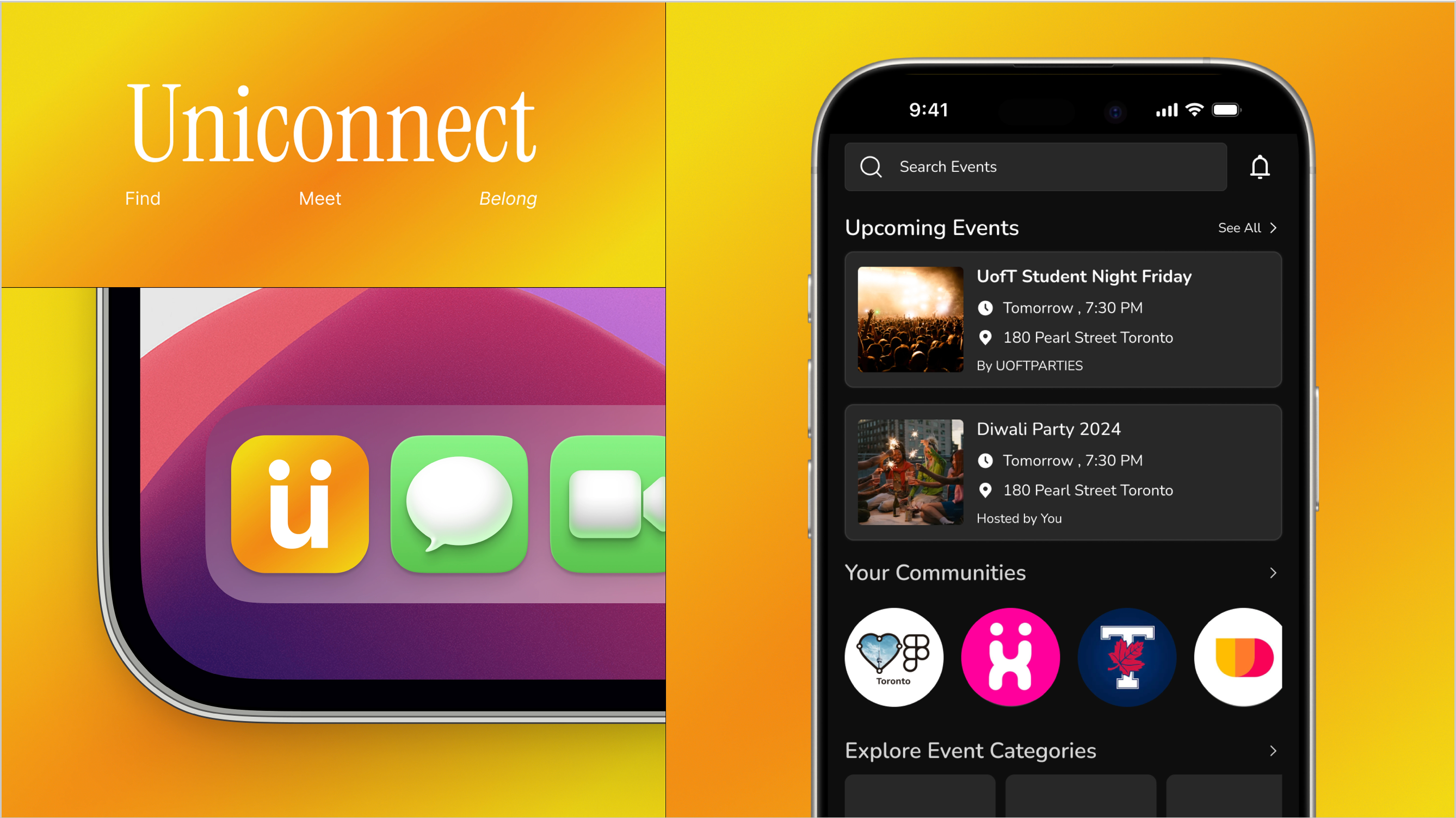 UniConnect hero mockup showing the app icon and event discovery home screen.