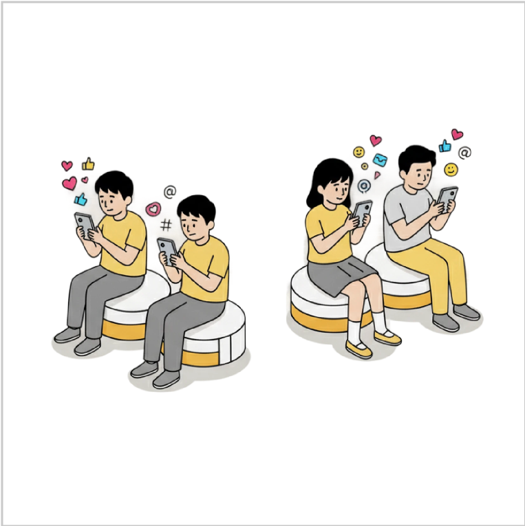 Illustration of students using phones with social reactions around them.