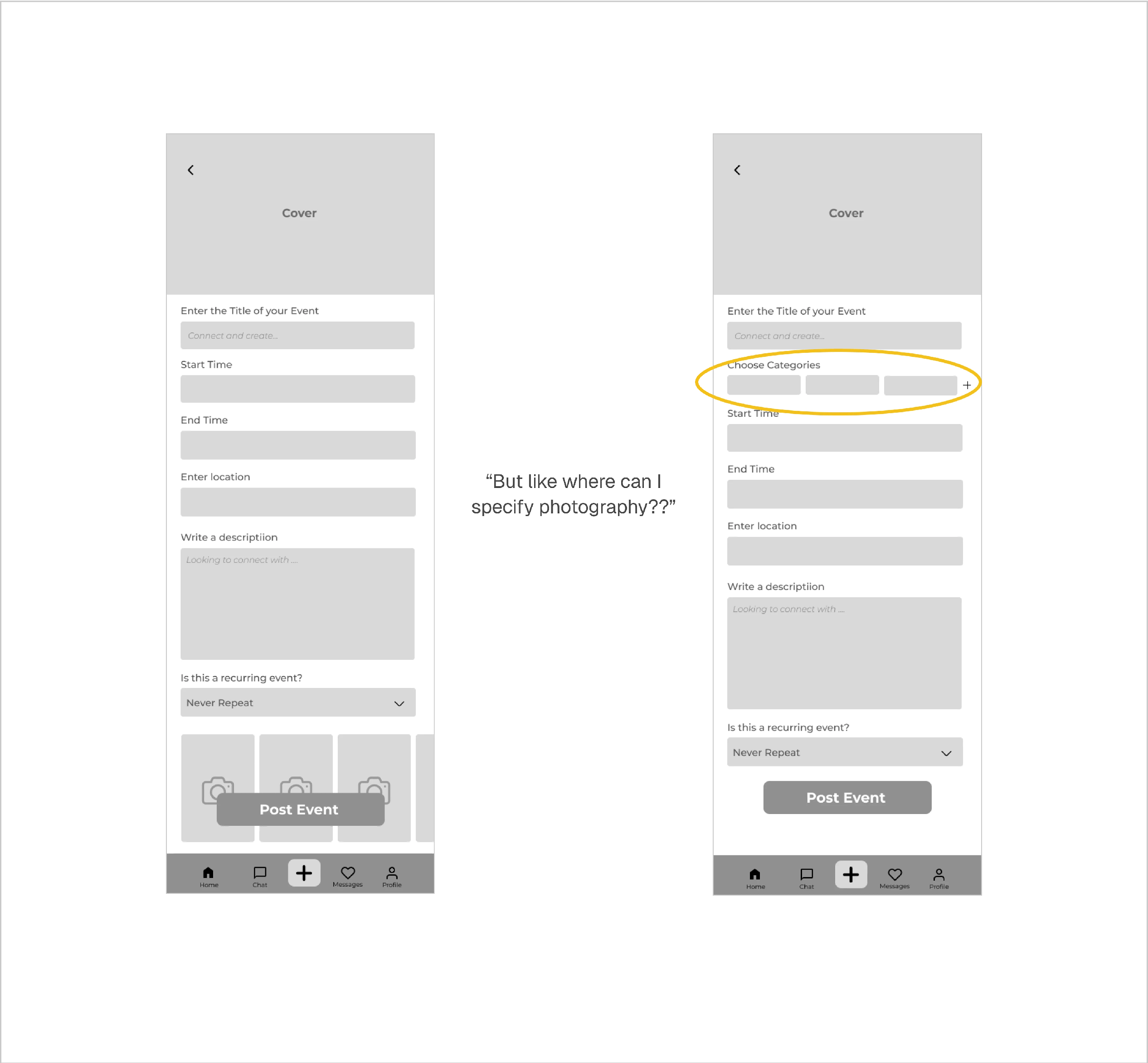 User feedback refinement adding categories to the event creation screen.