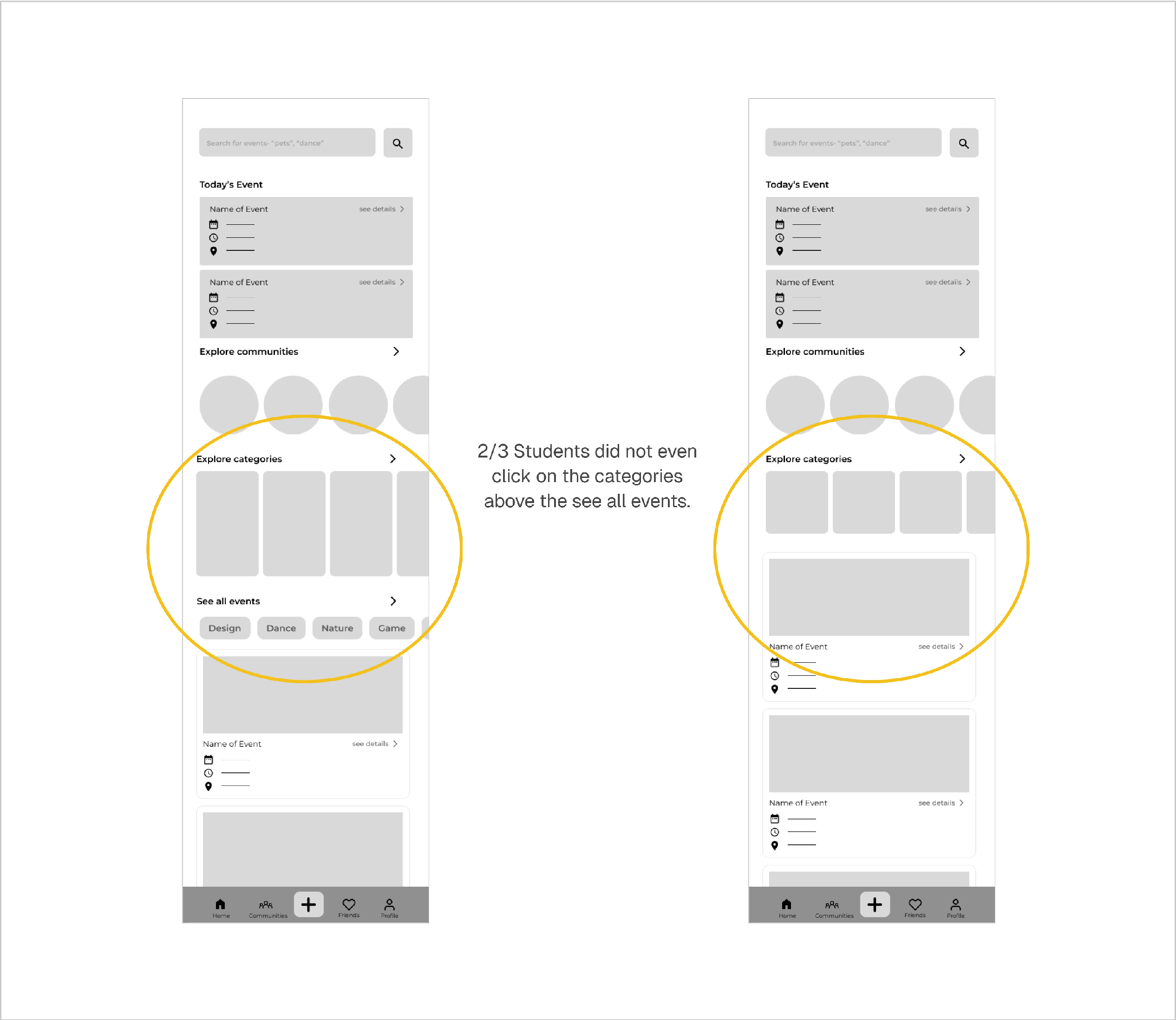User feedback refinement clarifying event categories on the home screen.