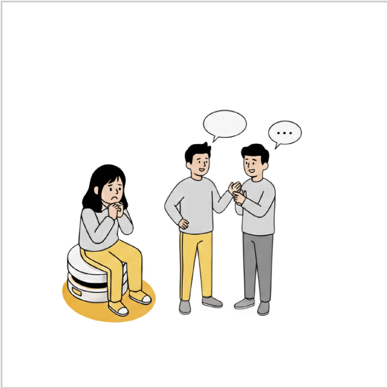 Illustration of one student feeling left out while two others talk.