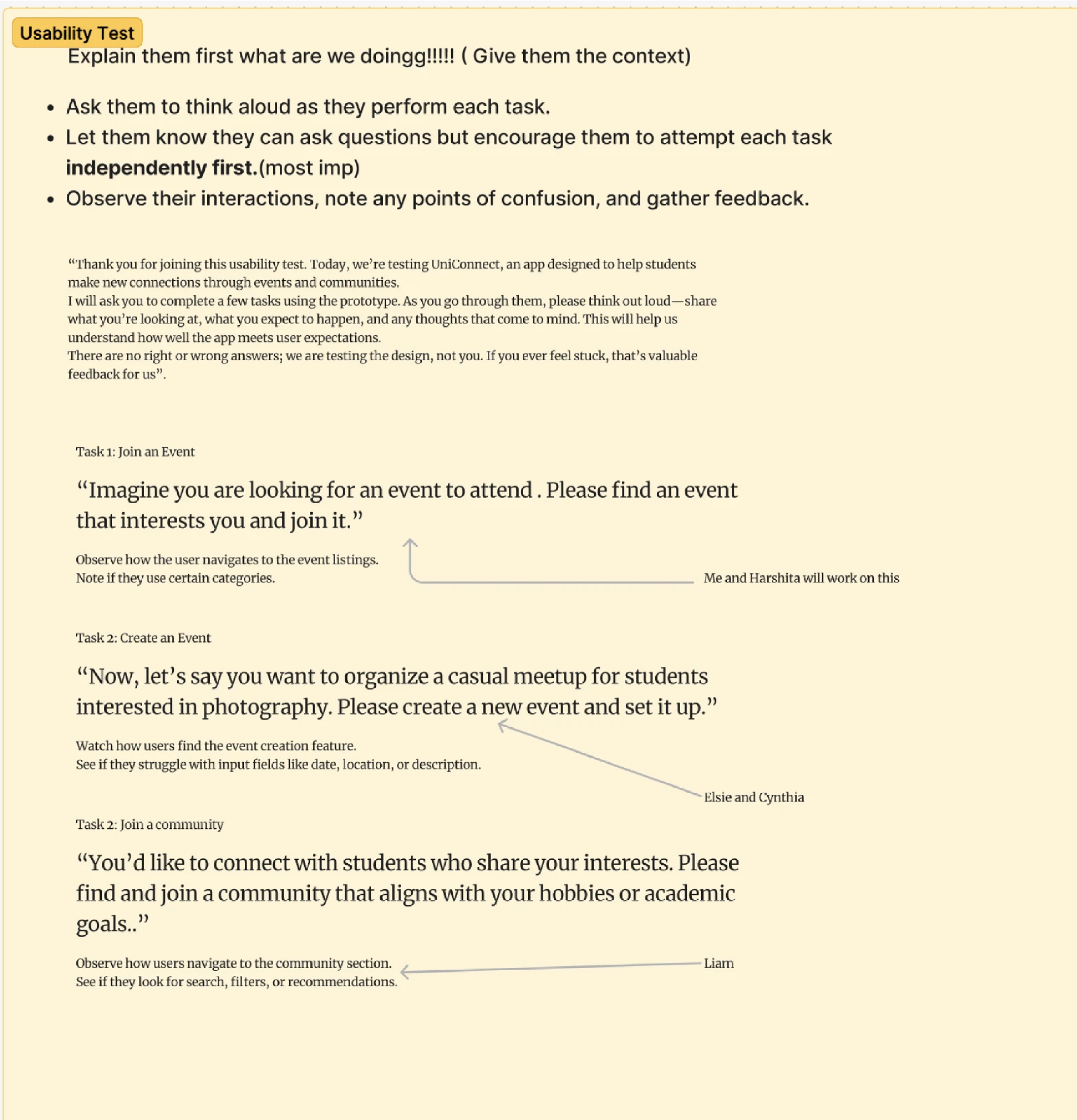 UniConnect usability testing plan with test tasks and moderator notes.